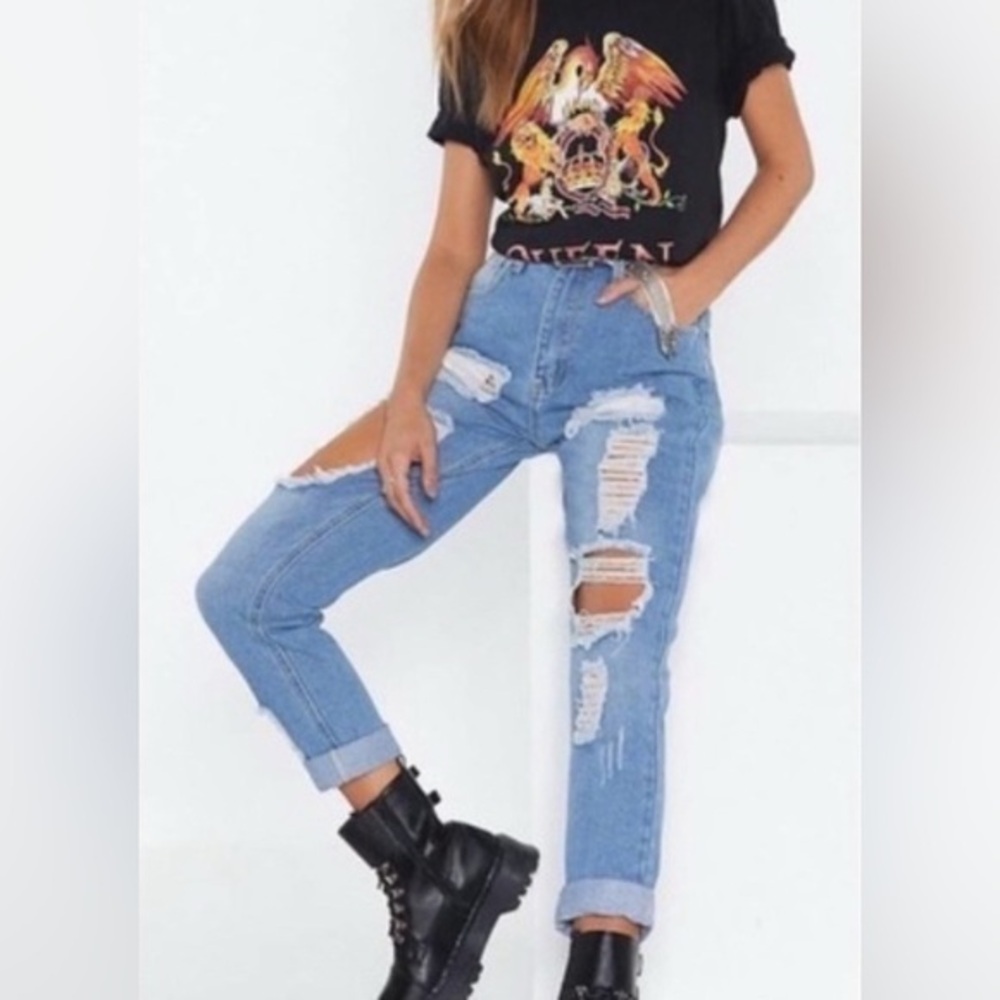 NWT Nasty Gal Girl Talk Blue Distressed Mom Jeans